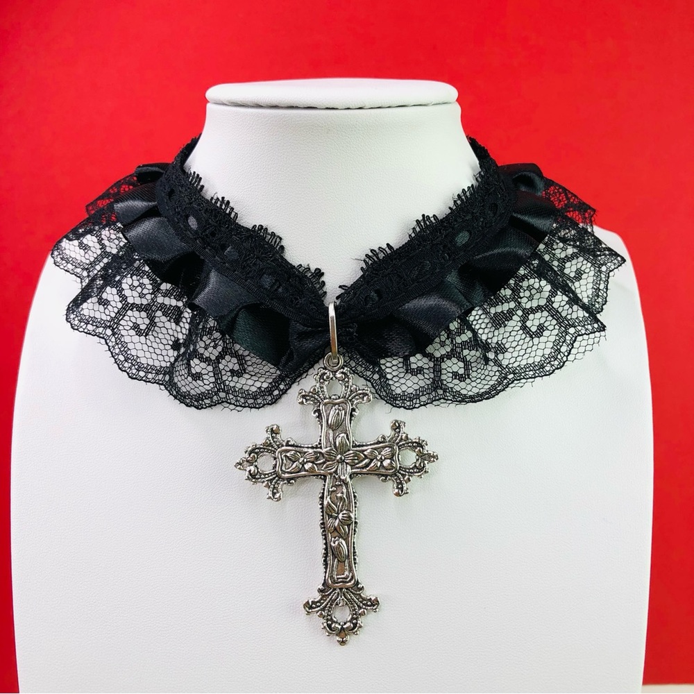 Oversized Jesus Cross Black Lace Trim Ribbons Raffles Collar Choker whimsigoth